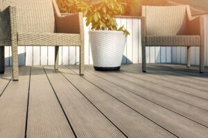 Close-up look at composite decking boards on a patio